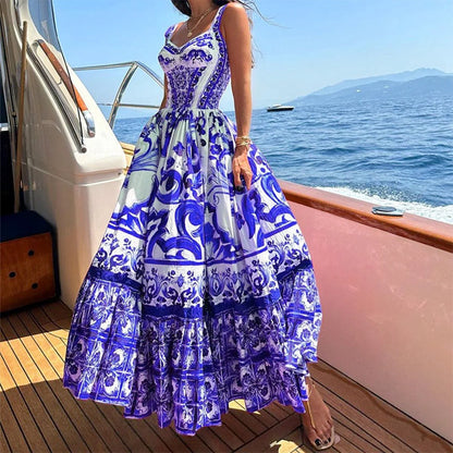 Amazon European and American cross-border women's clothing new printed square neck sundress pleated slim large swing European and American dress women