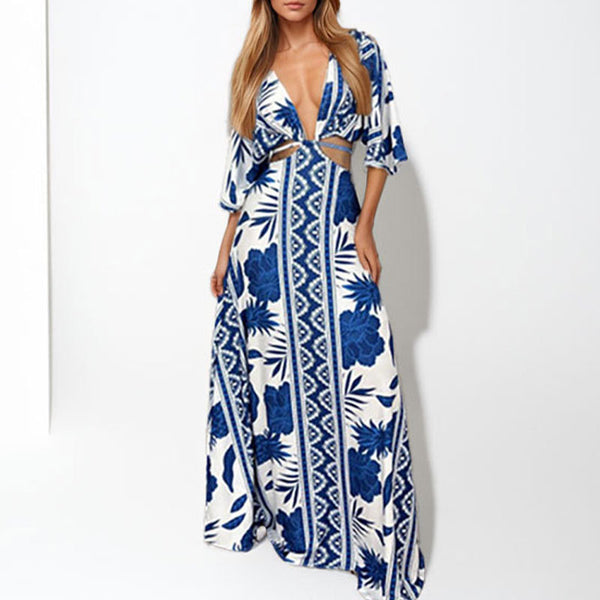 Spring 2026 New Amazon European Women's Fashion Print Sexy Deep V Waistless Strap Dress 661