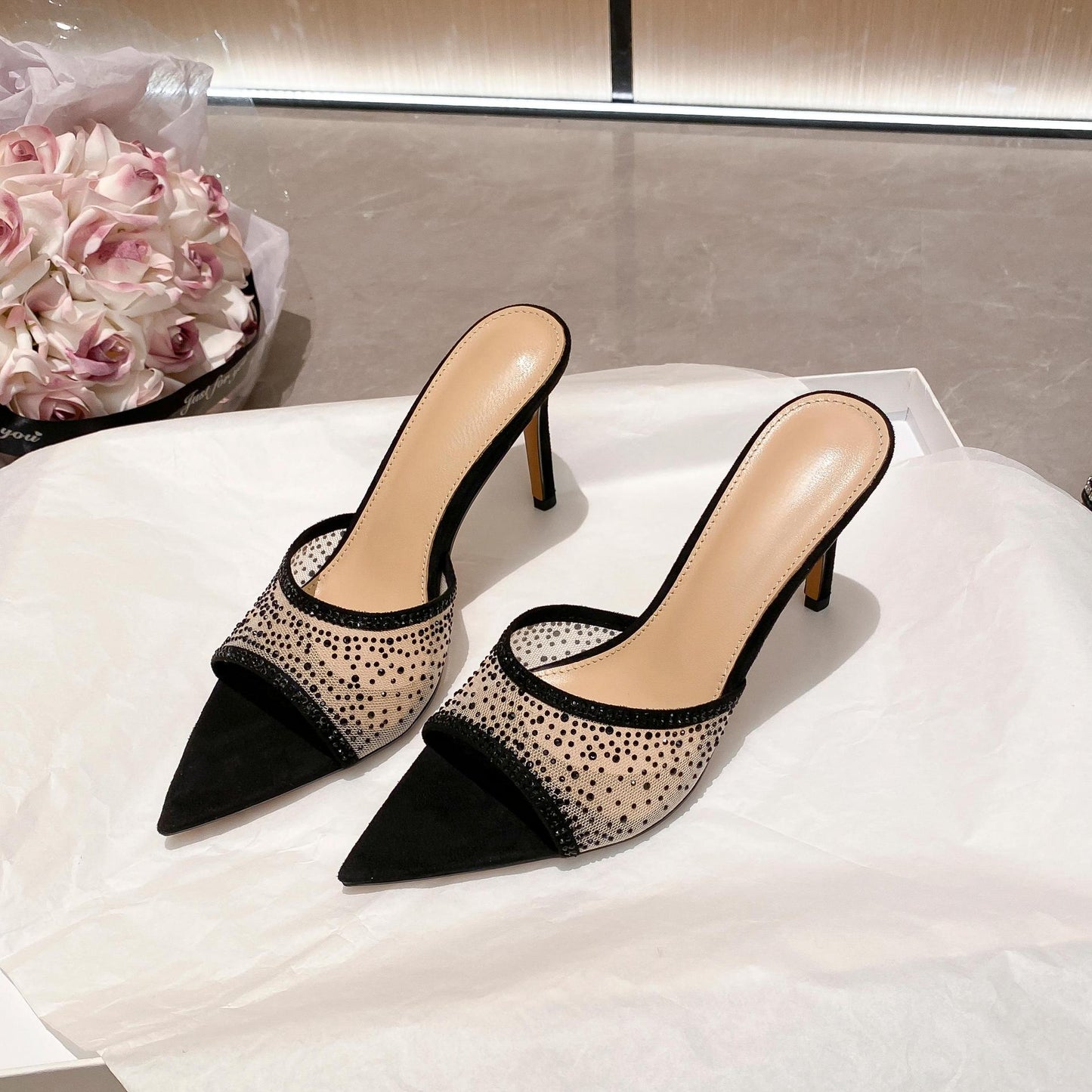 YX open-toe pointed mesh rhinestone sexy slippers women's 2026 summer wear temperament stiletto heeled sandals
