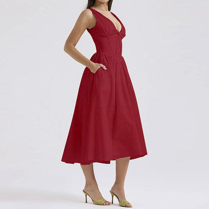 2026 independent station new European and American clothing temperament elegant and fashionable open back printed suspender sexy European and American dress