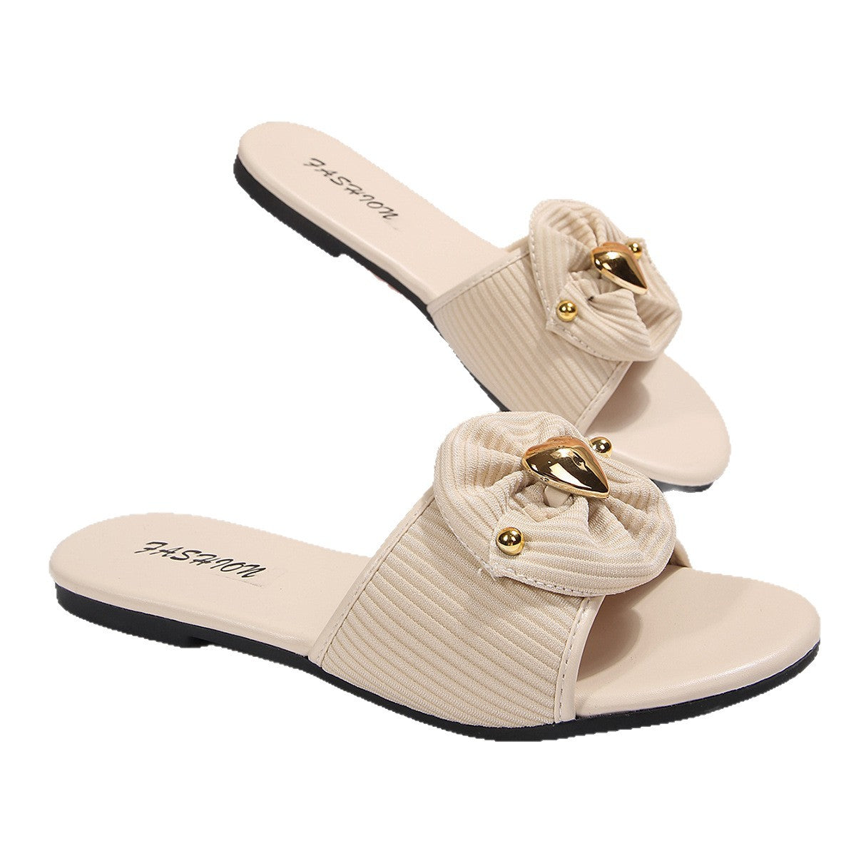 European and American cross-border women's shoes, export fashion slippers, elegant versatile floral decorative buckle round toe flat sandals
