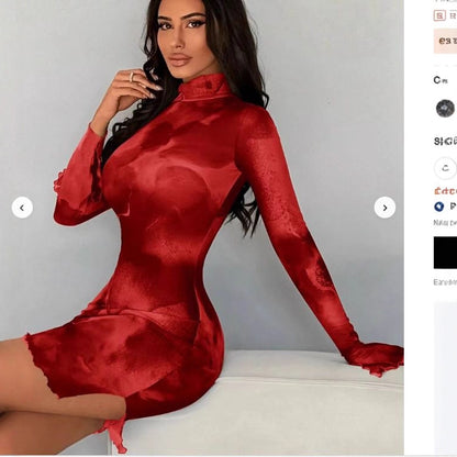 2025 Amazon European and Beauty Spring and Autumn New Tie-dye Long Sleeve Sheer Slim Hot Girl Slit Dress Female