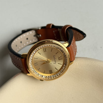 GoGoey Douyin Popular Vintage Round Chanel Light Luxury High-End Diamond-Encrusted Belt Women's Watch for Middle and High School Students