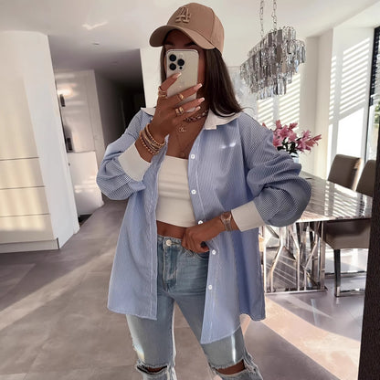 Cross-border European and American new fashionable casual plus-size women's clothing, long-sleeve striped lapel plus-size shirts