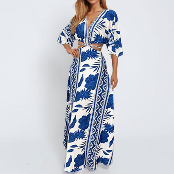 Spring 2026 New Amazon European Women's Fashion Print Sexy Deep V Waistless Strap Dress 661