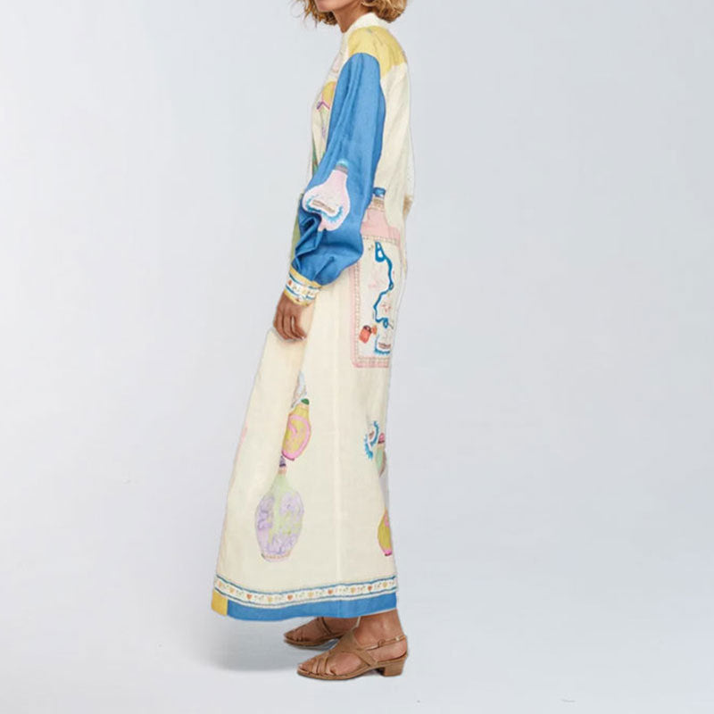 Vestido de férias europeu e americano vintage com estampado grafite, manga comprida e cintura marcada, modelo Cross-border 2025, para mulher. Ideal para férias na Europa e nos Estados Unidos.