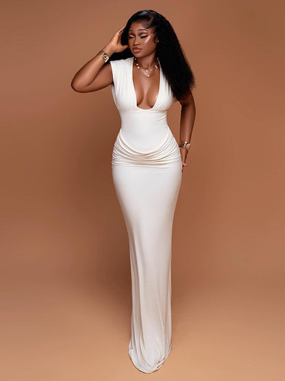 Foreign trade new women's clothing European and American style sexy deep V-neck sleeveless slim pleats waist hot girl hip wrap dress for women