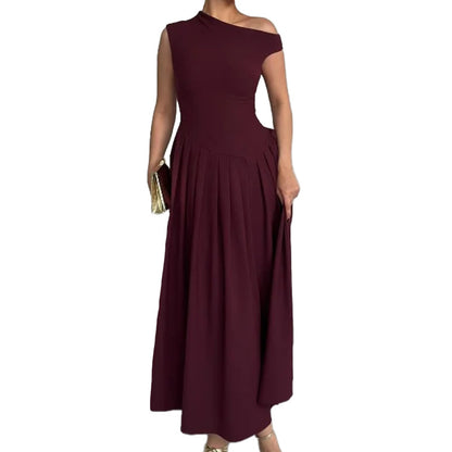 In the spring of 2025, the new Amazon cross-border foreign trade fashion temperament diagonal neckline slim slim long dress