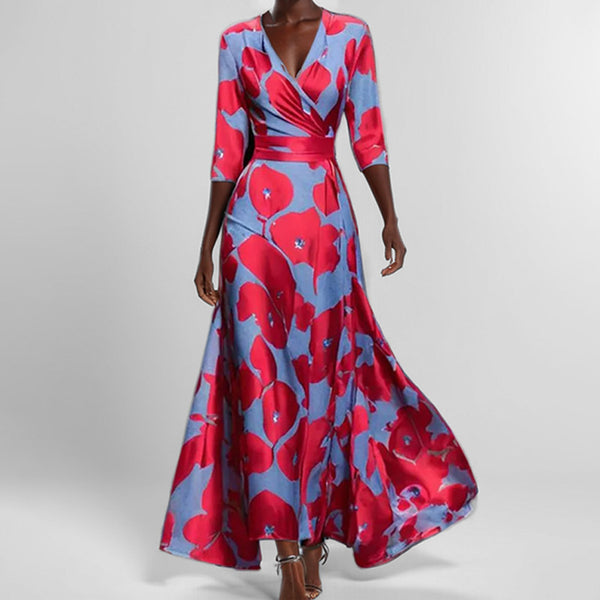 2026 Spring New European and American Cross-border Dress New Temperament Waist Slim Print V-Neck Long Sleeve Dress