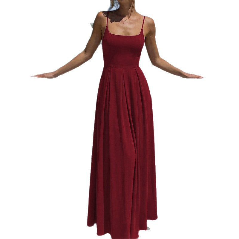 2025 cross-border new European and American style women's fashion solid color U-neck pleated waist long sexy camisole dress