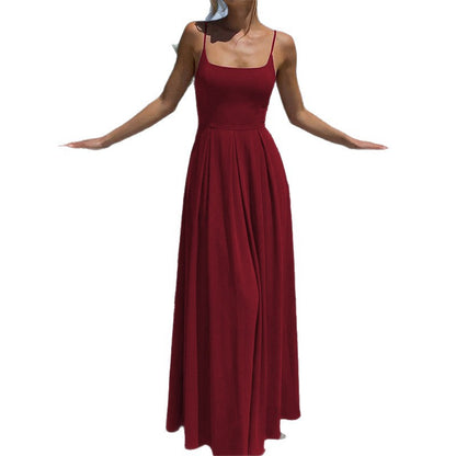 2025 cross-border new European and American style women's fashion solid color U-neck pleated waist long sexy camisole dress