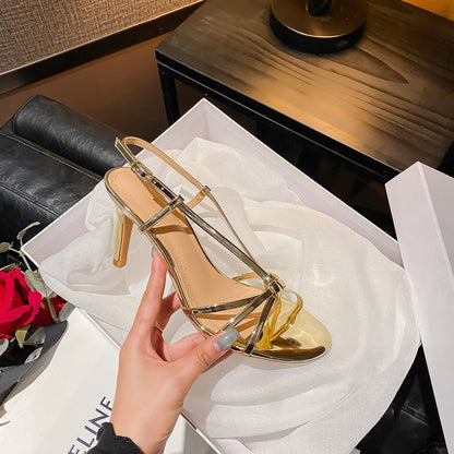YX temperament celebrity gold strap high heels women's 2026 new one-line strap thin heel Roman sandals French temperament