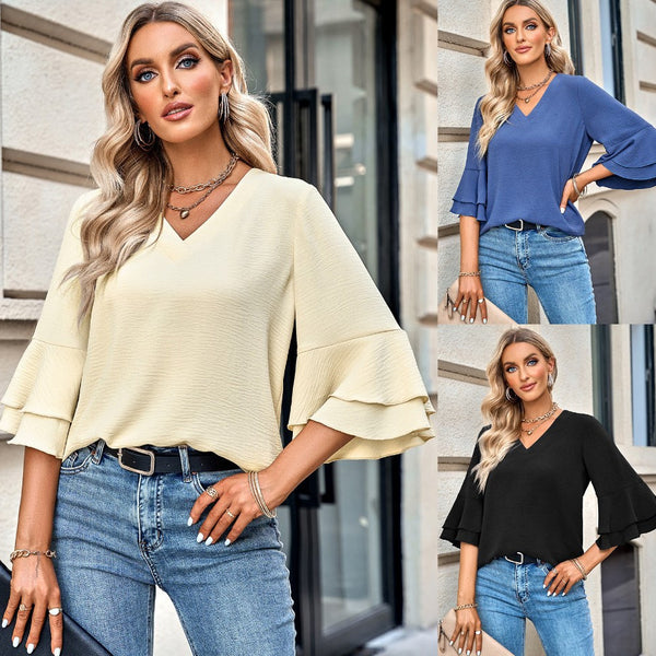 Cross-border Amazon 2023 European and American fashion new foreign trade loose V-neck ruffled sleeve casual top