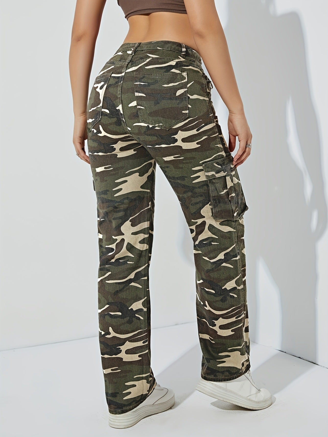 Spring and Autumn new camouflage workwear high-waisted temperament straight denim trousers women's slacks are versatile