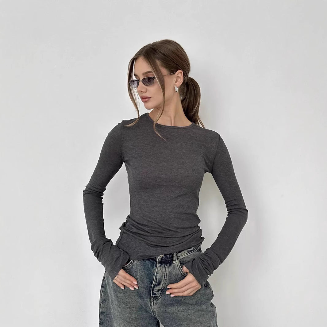 Cross-border autumn new solid color versatile slim long-sleeved top women's European and beautiful casual crew neck tight T-shirt women