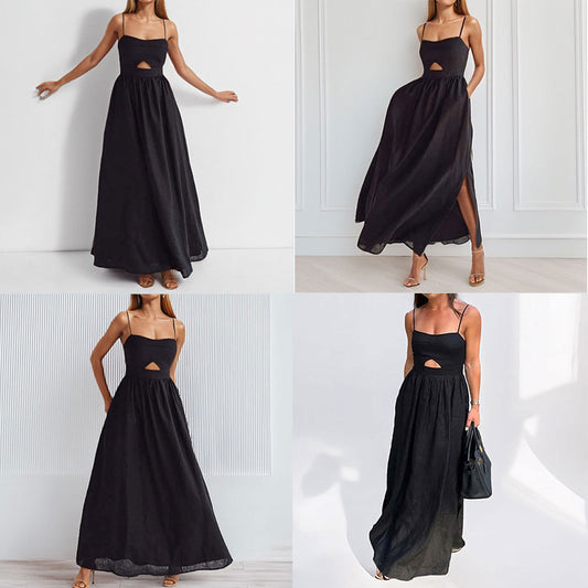 2026 European and American fashion spring and autumn new resort style solid color hollow suspender high-waisted French dress long skirt woman