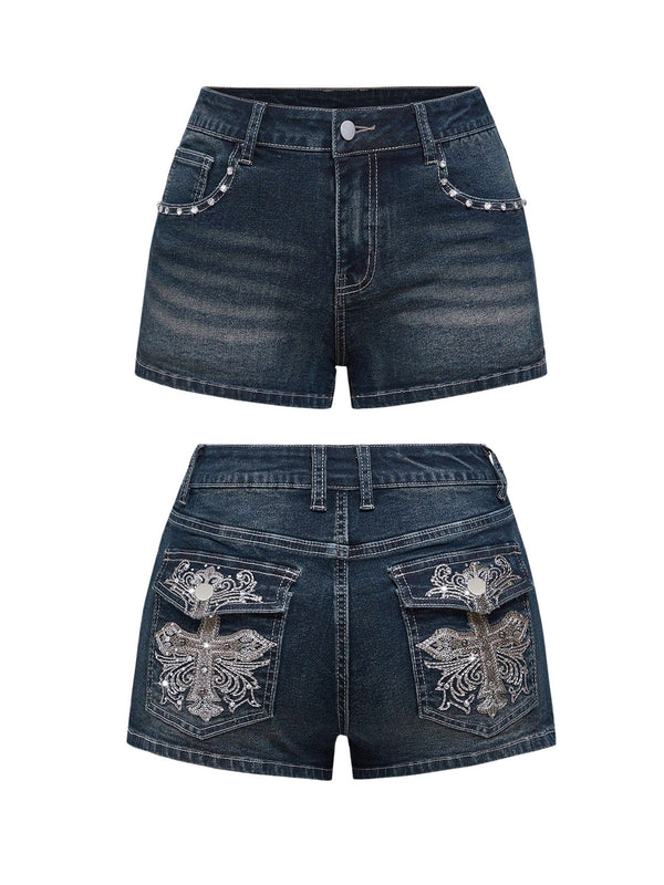 High-waisted slimming denim shorts, women's heavy industry embroidered nail beads, A-line hot girl style, new fashionable and versatile pants in summer