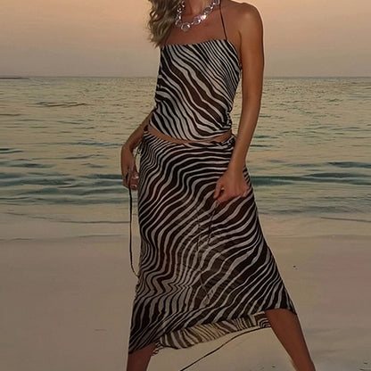 2026 spring new cross-border European and American fashion casual leopard print sexy open back halterneck vest mid-length suit for women