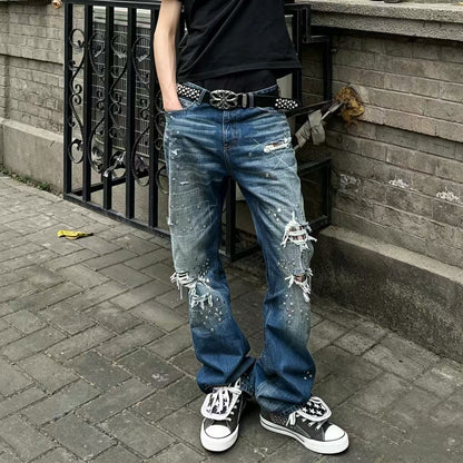 American-style heavy-duty studded jeans for men and women, summer high street design ripped pants, vintage washed straight-leg pants