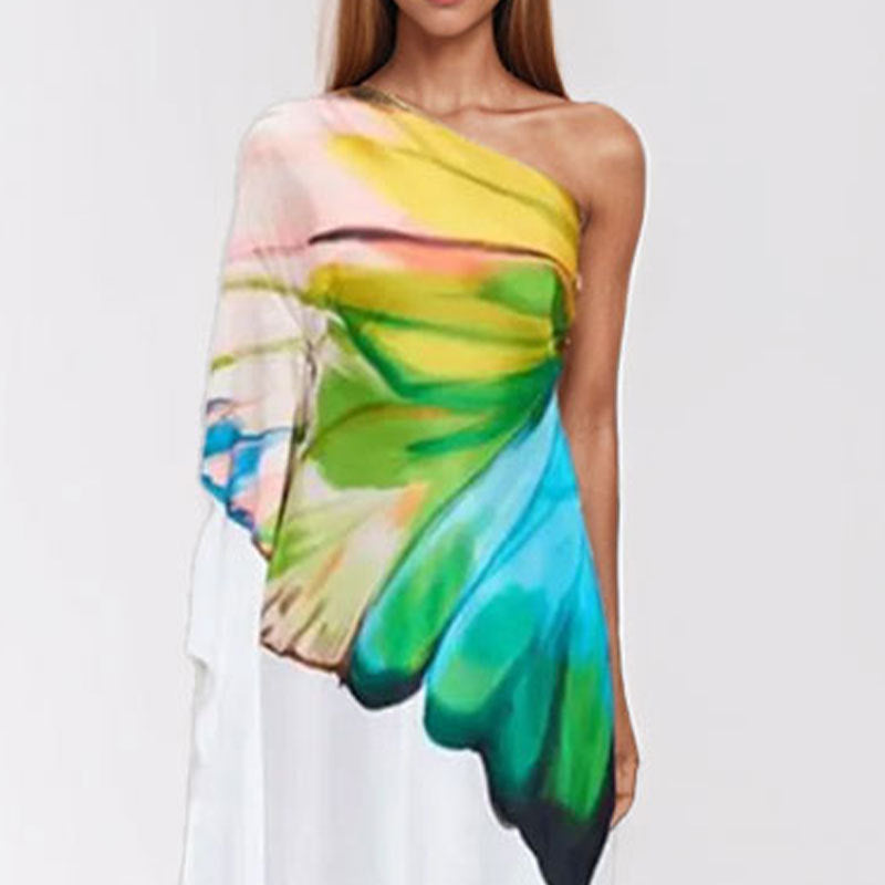 Primavera 2026: Nova coleção transfronteiriça de roupa de beleza europeia, elegante e com estampado grego, vestido comprido com racha e um ombro só.