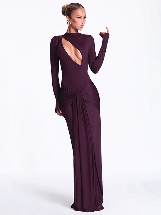 Vestido de senhora de cor sólida, sexy, com decote vazado, mangas compridas, pregas e atilhos na anca, ideal para o outono e inverno nos mercados europeu e americano.