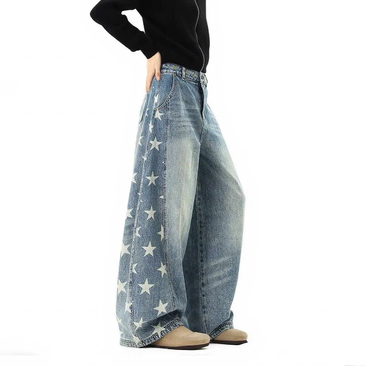 Summer American fashion brand five-star print scimitar jeans women's trend oversize loose wide-leg denim trousers