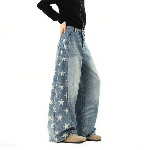 Summer American fashion brand five-star print scimitar jeans women's trend oversize loose wide-leg denim trousers
