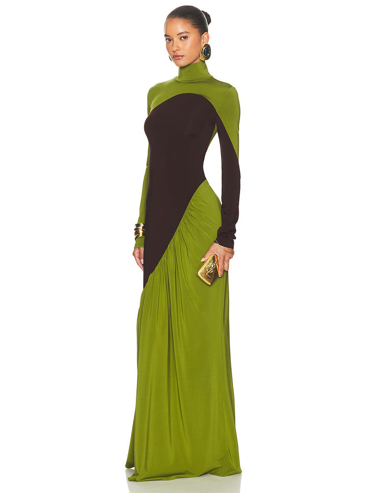 Foreign trade autumn and winter new European and beautiful fashion contrast splicing high neck long sleeve pleated slim hip dress for women