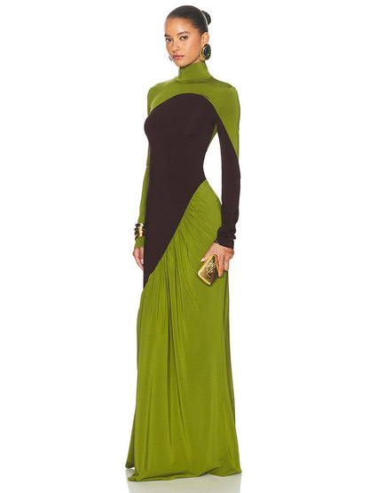 Foreign trade autumn and winter new European and beautiful fashion contrast splicing high neck long sleeve pleated slim hip dress for women