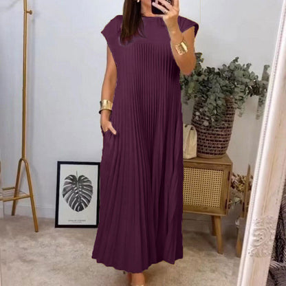 2026 Spring New Dress Cross-border European and American Clothing Elegant and Fashionable Crew Neck Sleeveless Pleated Long Dress