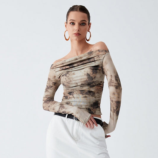 2024 Spring New European and American Style 3D Printed Crop Top Slim T-Shirt Retro Sexy One-Shoulder Pressed Pleated Top Women