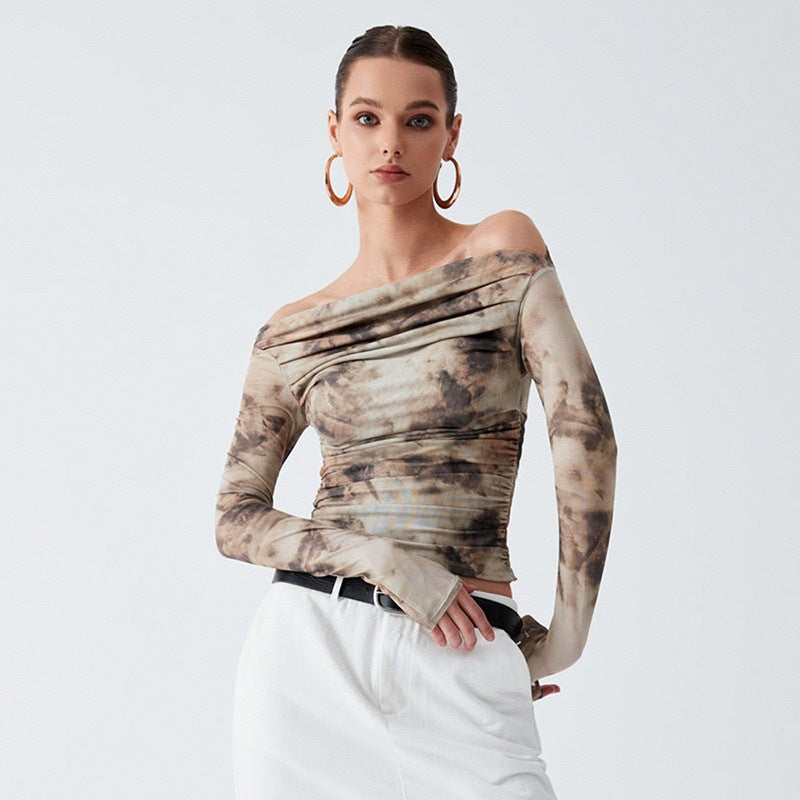 2024 Spring New European and American Style 3D Printed Crop Top Slim T-Shirt Retro Sexy One-Shoulder Pressed Pleated Top Women