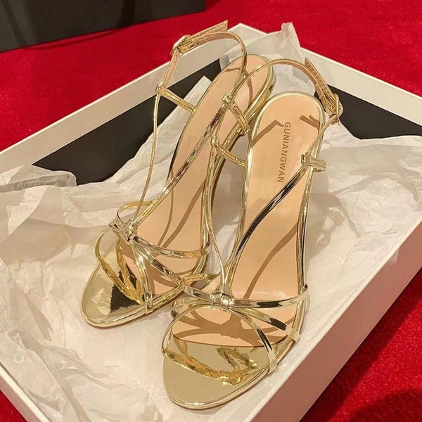 Gold strappy high heels women's 2026 new summer strap thin heels beautiful temperament celebrity women's sandals