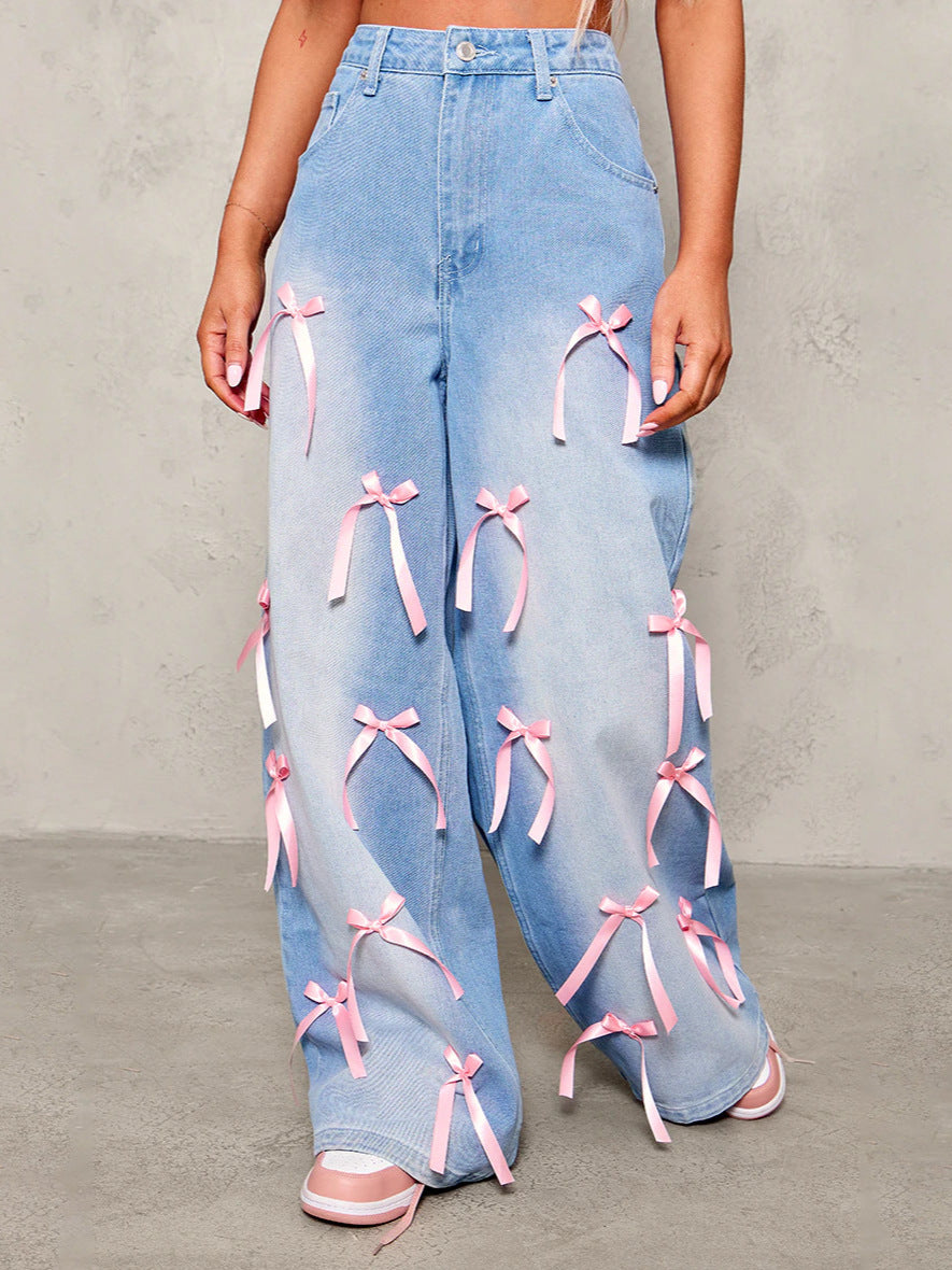 European and American cross-border high-waisted bow collage floor-length wide-leg jeans street distressed loose denim trousers women's style
