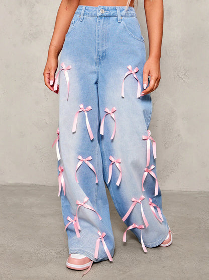 European and American cross-border high-waisted bow collage floor-length wide-leg jeans street distressed loose denim trousers women's style