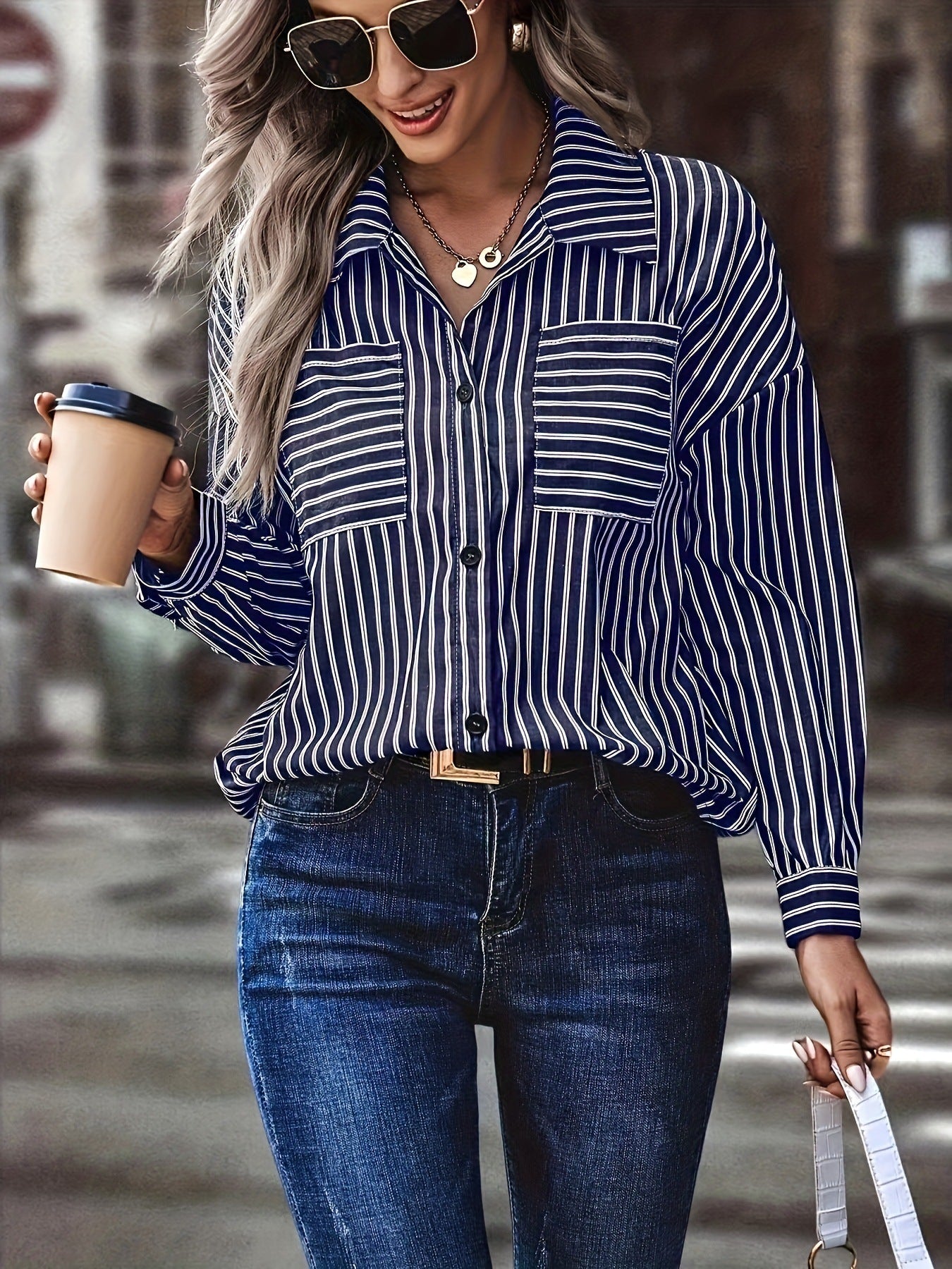 Amazon European and American women's striped shirt with double pockets on the chest, suitable for office wear in spring and autumn