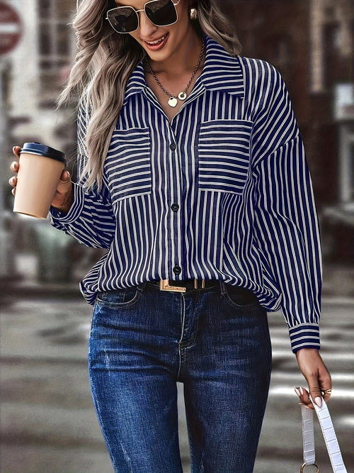 Amazon European and American women's striped shirt with double pockets on the chest, suitable for office wear in spring and autumn
