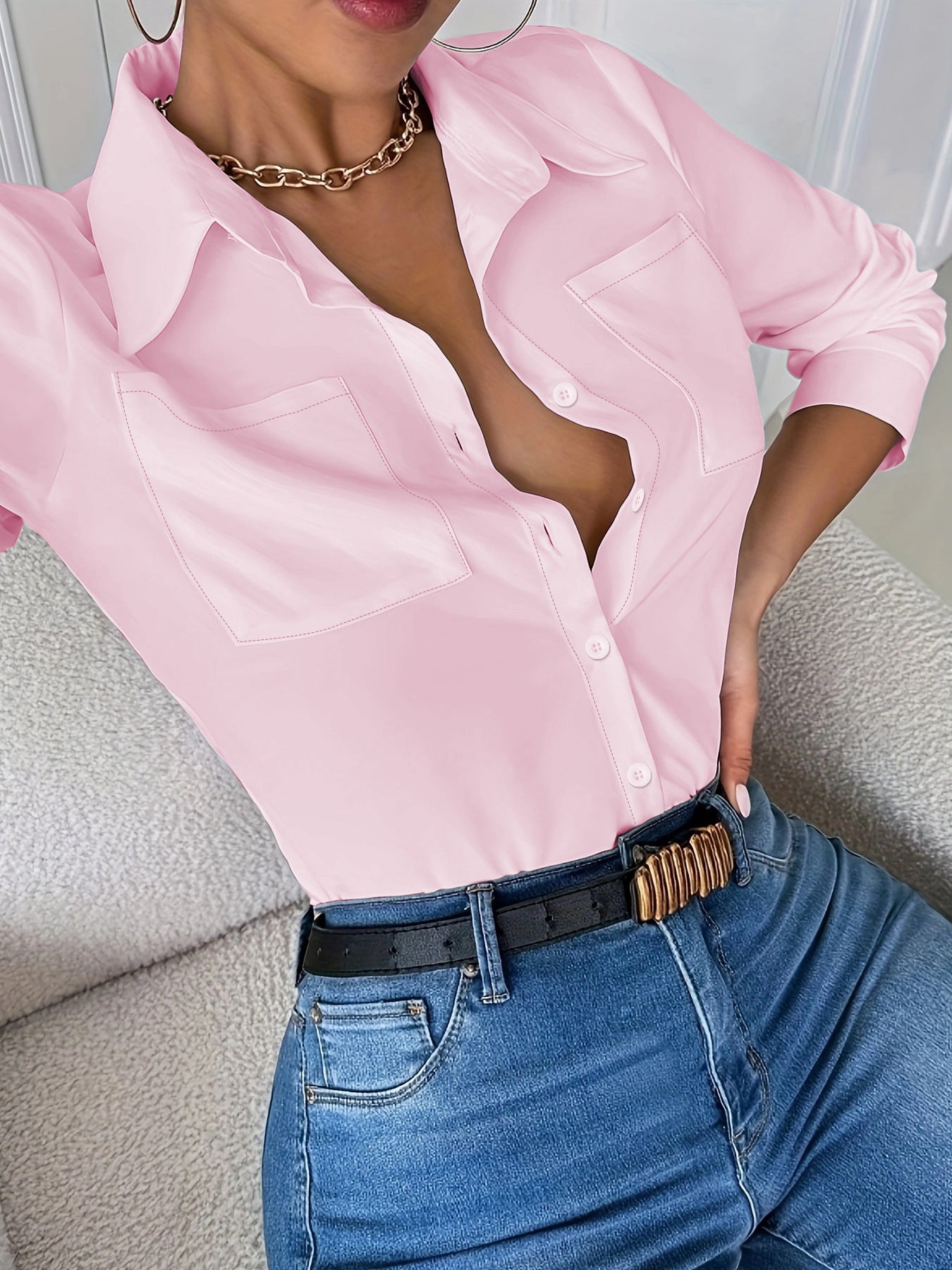 2025 New European and American Elegant Women's Cross-border Four Seasons Loose Long Sleeve Lapel Shirt Top with Pockets