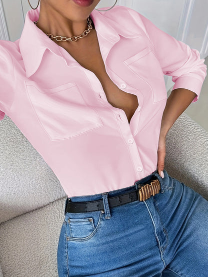 2025 New European and American Elegant Women's Cross-border Four Seasons Loose Long Sleeve Lapel Shirt Top with Pockets