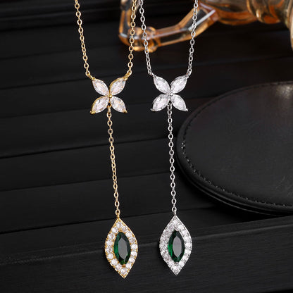 RAKOL Sweet Butterfly Copper Silver Plated Four-Leaf Clover Emerald Y-Shaped Necklace Light Luxury Diamond-Encrusted Tassel Pendant Wholesale