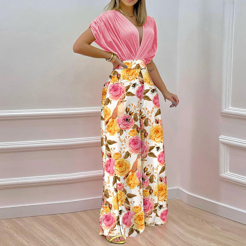 2026 European and American Clothing Independent Station Spring New Temperament V-Neck Printed Wide-leg Pants Fashion Casual Suit 661