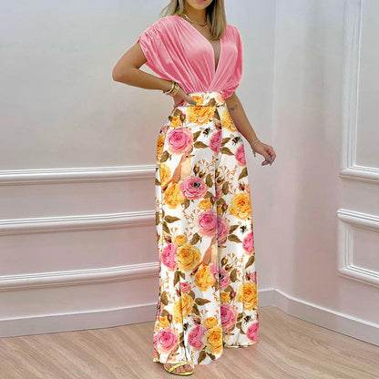 2026 European and American Clothing Independent Station Spring New Temperament V-Neck Printed Wide-leg Pants Fashion Casual Suit 661