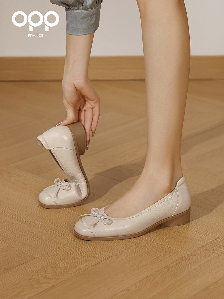 OPP Half Curved French Vintage Mary Jane Shoes Women's 2025 New Bow Spools Thick Heel Medium Heel Women's Shoes