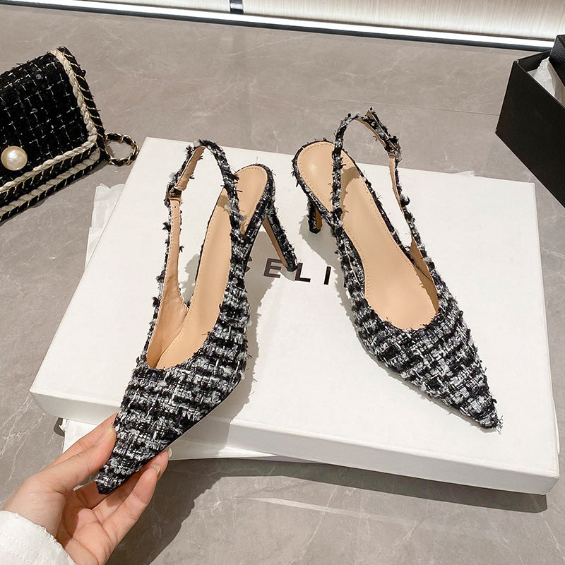Small fragrance wind pointed toe shallow toe back air sandals women's 2026 new thin heel rubber sole spring and autumn fashion boutique