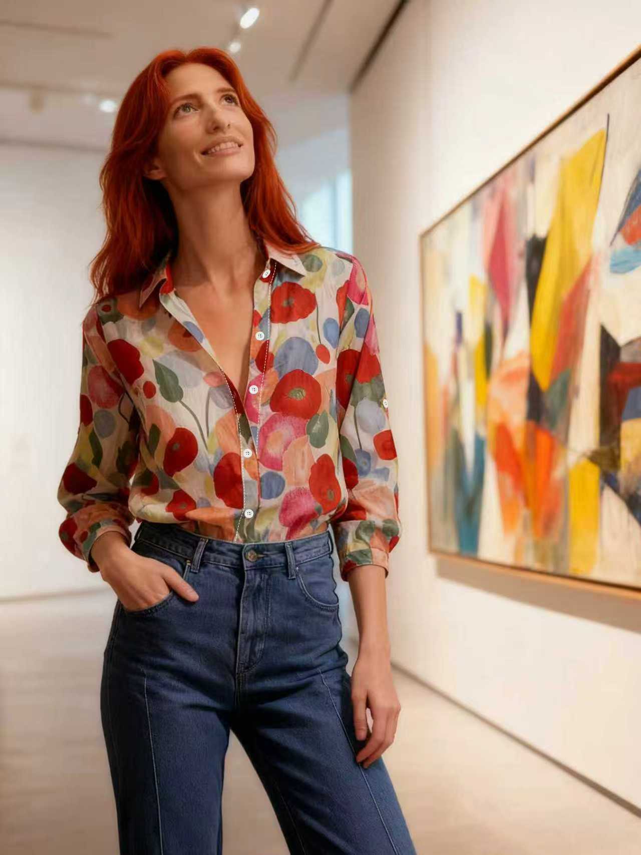 Amazon Foreign Trade AliExpress Wish Independent Site Shirts for Women, Floral Print, Long Sleeve Plus Size Shirts for Women, Elegant for Women