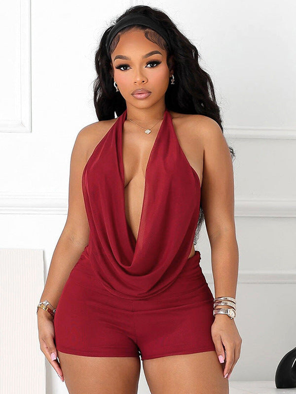 Cross-border wholesale European and American clothing hot girl style sexy swing neck halter back top high-waisted ultrashorts two-piece set