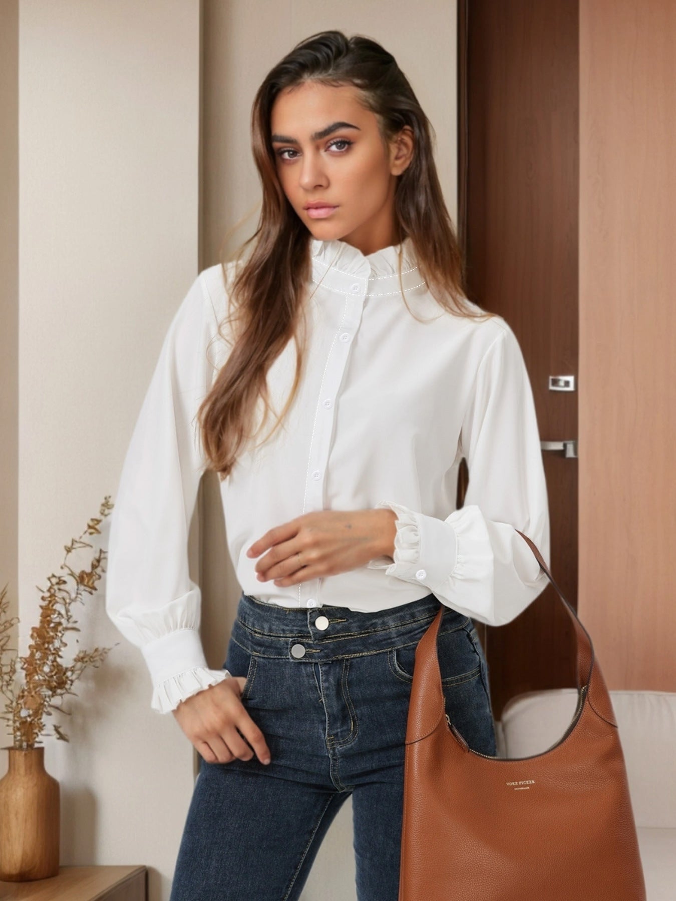 2025 new cross-border European and American lotus leaf shirt collar long-sleeved shirt spring and summer versatile casual business lining European and American cross-border