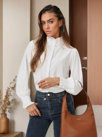 2025 new cross-border European and American lotus leaf shirt collar long-sleeved shirt spring and summer versatile casual business lining European and American cross-border