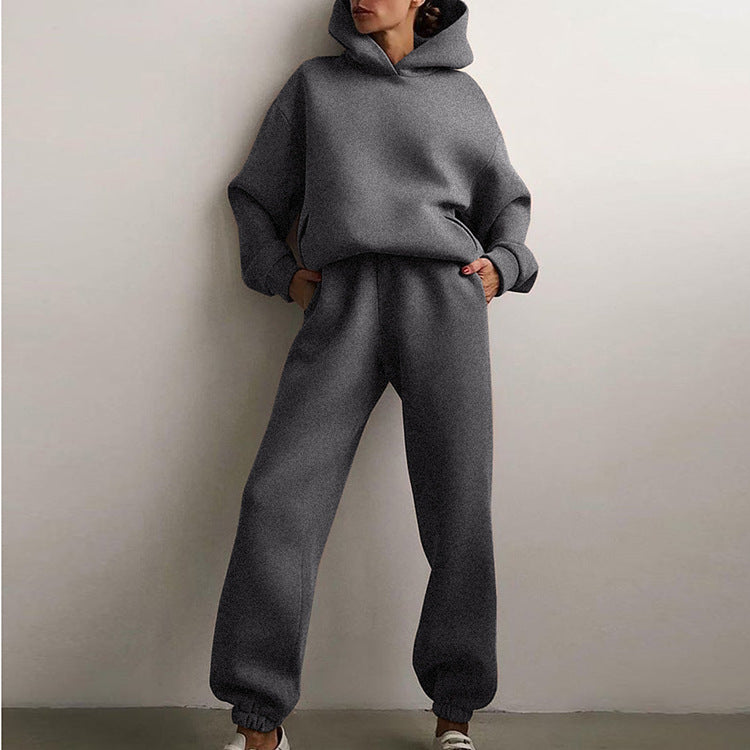 2026 spring new cross-border European and American clothing solid color hooded sweatshirt trousers street fashion casual two-piece set