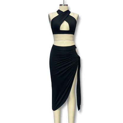 European and American cross-border foreign trade women's two-piece set sexy hollow design halter neck vest slit skirt set